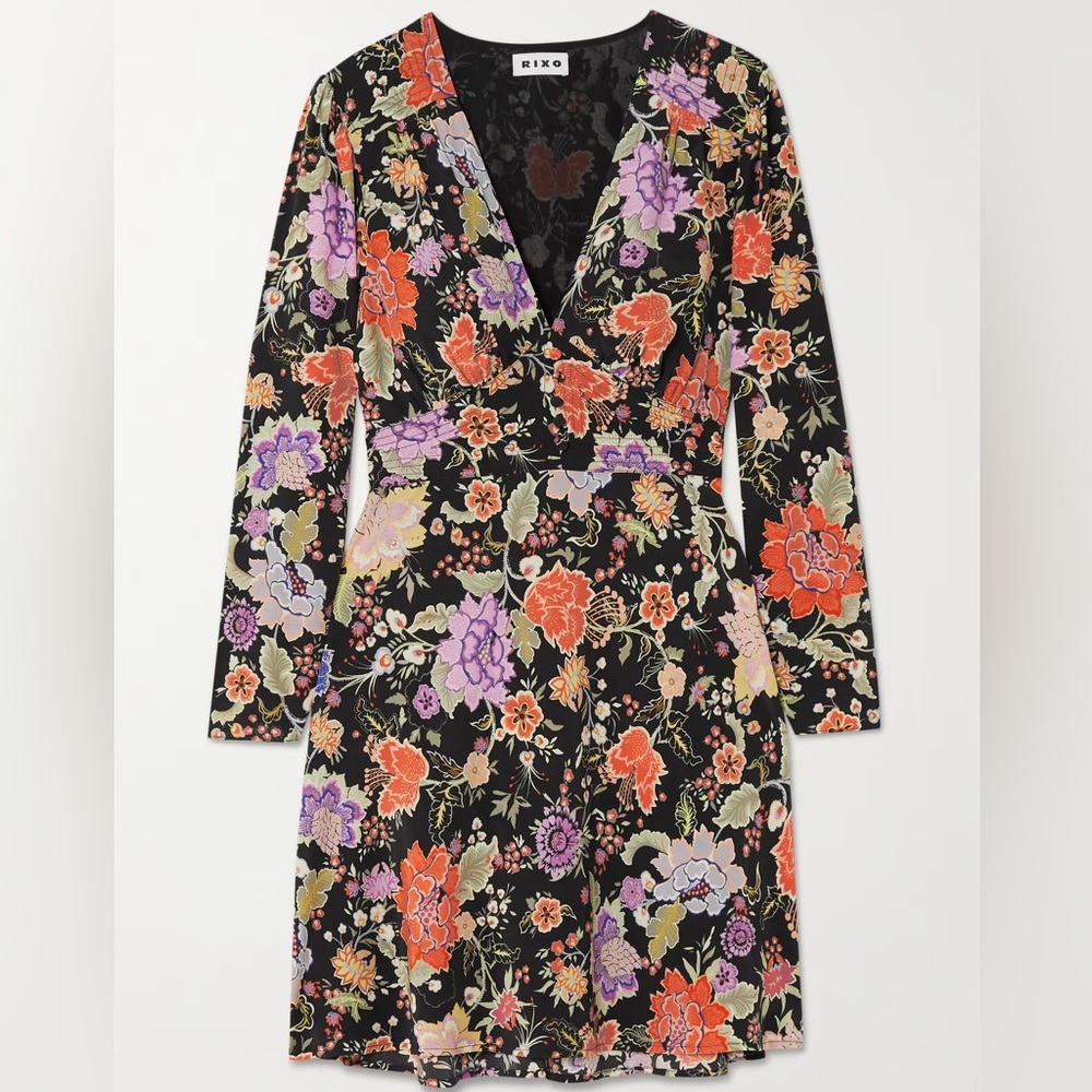 RIXO DRESS Jules floral-print crepe de chine mini dress M NWT
